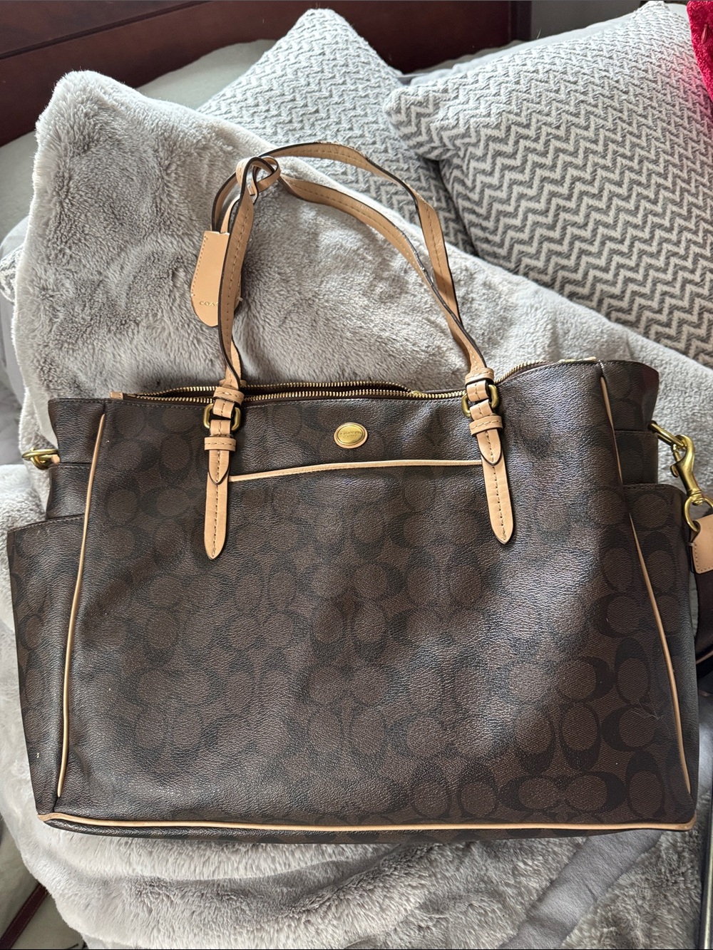 Coach Brown Signature Canvas Tote with Tan Leather Accents